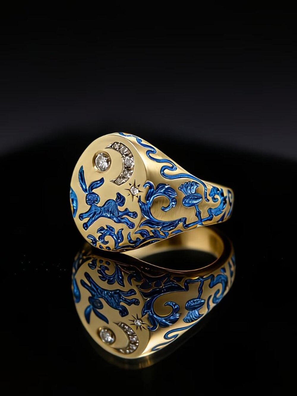 CARVED BUNNY UNDER A CRYSTAL CRESCENT MOON BLUE ENAMEL GOLDEN SIGNET SZ 7 RING J